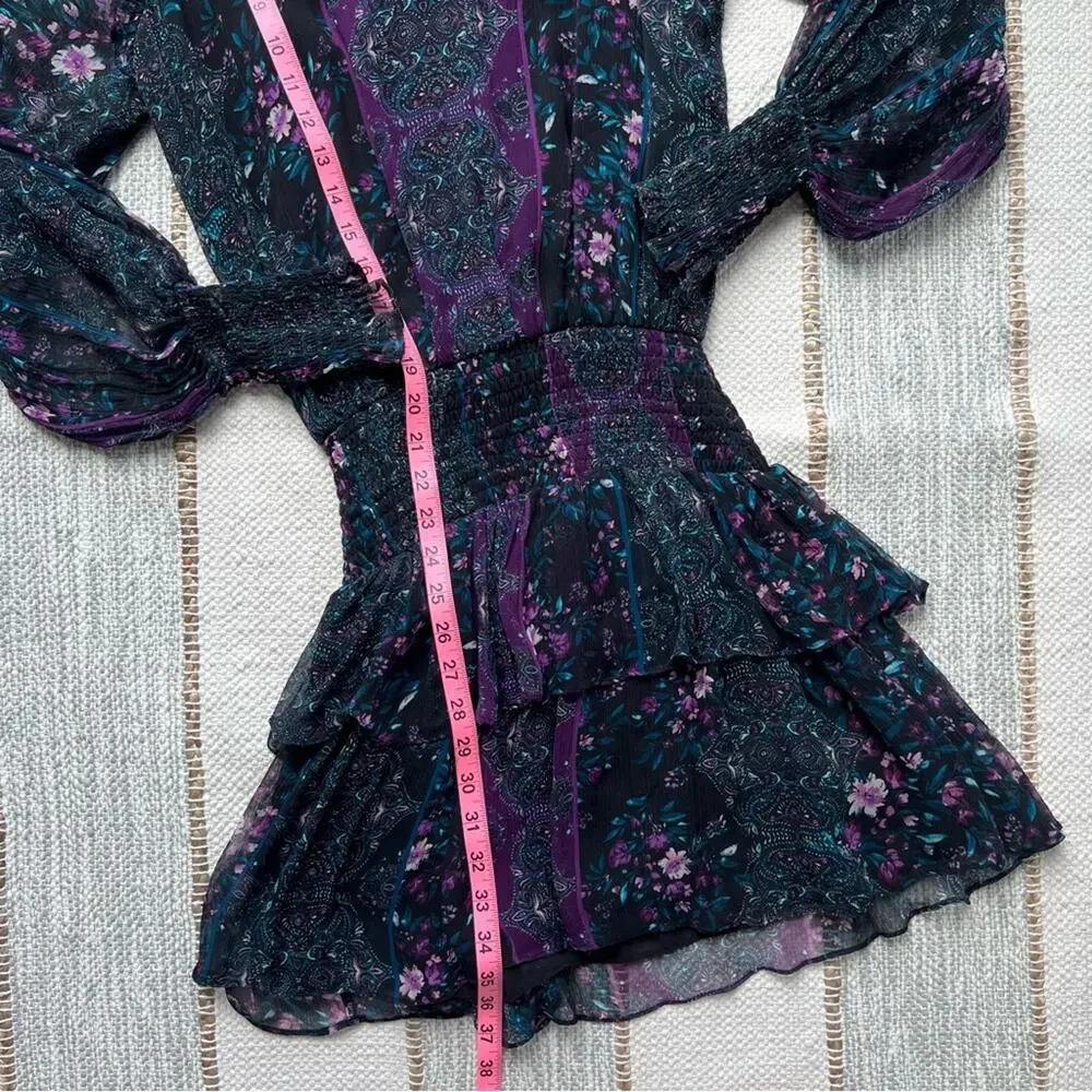 Ramy Brook Logan Floral Long Puff Sleeve 100% Silk Mini Dress Women’s Size Small - Picture 6 of 8